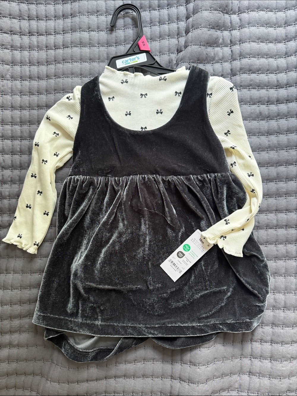 Carter's Black Velvet Pinafore with Cream Bow Print Top